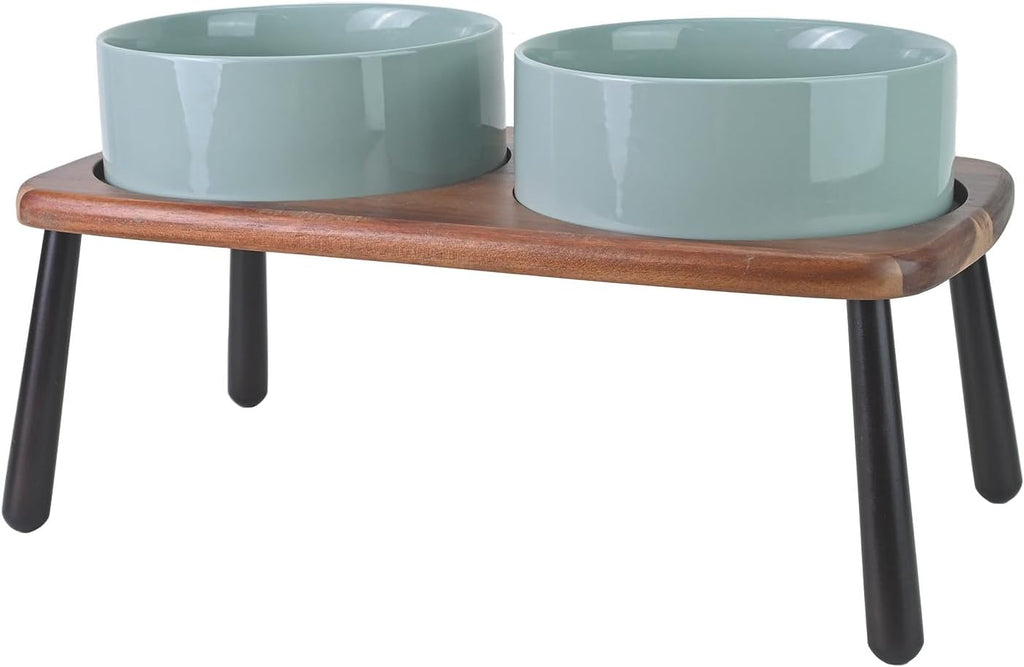SPUNKYJUNKY Ceramic Elevated Dog Bowls Raised with Acacia Bamboo Wooden Stand, 8.3'' Dog Food Water Bowls Set Non-Slip for Medium Large Sized Breed Microwave Dishwasher Safe - 60 OZ,Light Green
