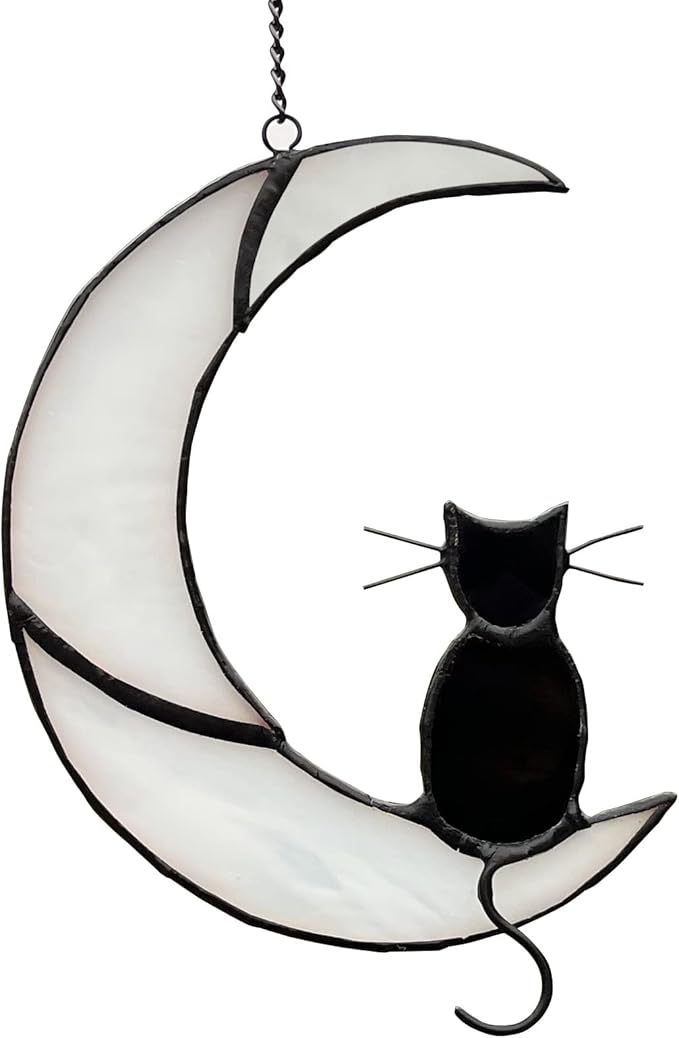 Black Cat Decor On White Moon Stained Glass Window Hanging Suncatcher for Windows Panels Sun Catcher Halloween Ornament Decoration Memorial Gift for Lover Cat Loss