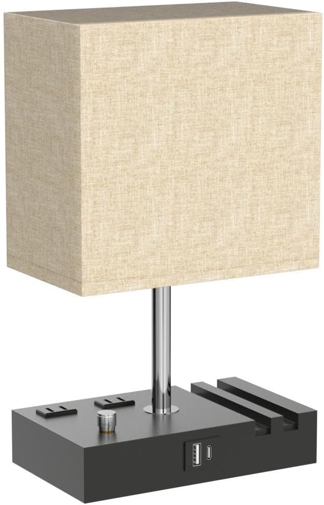 Kakanuo Table Lamp for Bedroom with Dual USB Ports, Beige Fully Dimmable Bedside Lamp with Phone Stands and 2 Charging Outlets, Desk Lamp for Nightstand and Living Room, LED Bulb Included