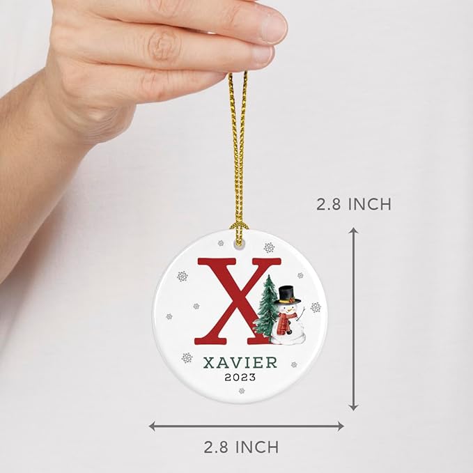 Andaz Press Personalized Ornament, Custom Name, Initial X Monogram Snowman 2.8" Ceramic Porcelain 2025 Christmas Ornament Keepsake for Kids, Boys, Girls, Includes Gold Ribbon & Gift Box, 1-Pack