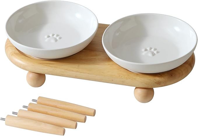 Raised Ceramic Wide Whisker Friendly Cat Dishes, Anti-Slip Food& Water Bowl with 2 Style Stand Adjustable Pet Bowl Set(2Dish+Stand, White)