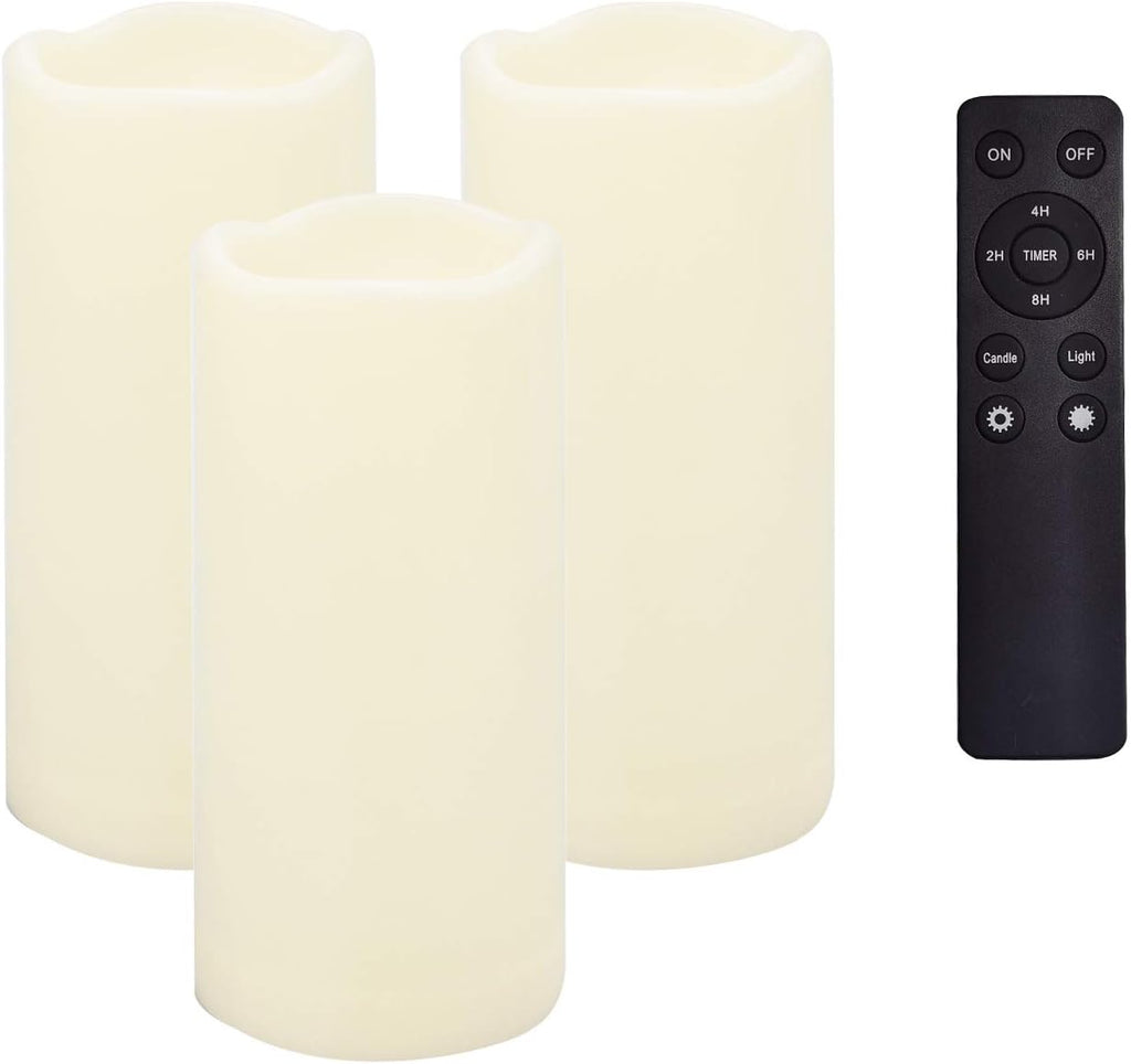 CANDLE CHOICE Waterproof Outdoor Battery Operated Flameless Candles Remote Timer Ivory Tall Plastic Fake Realistic Flickering Electric LED Pillars for Lantern Wedding Christmas Decorations 3”x7” 3PCS