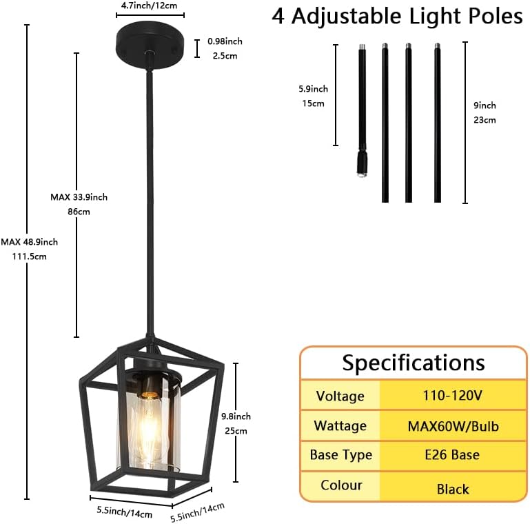 1 Pack Black Pendant Light Fixture Farmhouse Iron Cage Metal Pendant Light Lantern Hanging Light Fixtures with Clear Glass Shade for Kitchen Island, Dining Room, Hallway,Entryway1