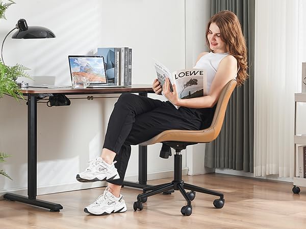 YOUNIKE Office Chair, Armless Desk Chair with Wheels, Adjustable Swivel Home Office Computer Task Chairs, Modern Faux Leather Upholstered Vanity Chair with Back, Saffron Tan