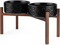 SPUNKYJUNKY Ceramic Elevated Dog Bowl Set with Acacia Wood Stand for Food and Water for Large Dogs (60.87 OZ, Black, Dog Paw Pattern)