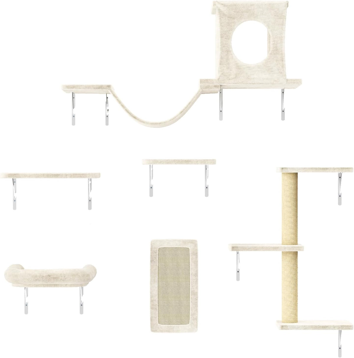 NUNU LAB Cat Wall Shelves, 6 Pcs Luxury Wall-Mounted Cat Climber Set, Indoor Cat Furniture with 1 Condos House, 2 Cat Wall Shelves, 1 Scratching, 1 Bridge Ladder, 1 Scratching Pad, White