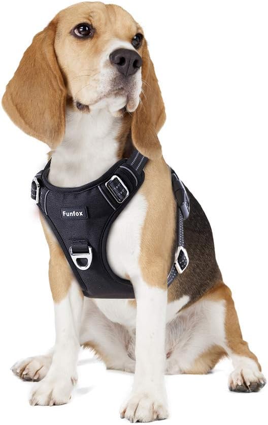 Funfox Dog Harness No Pull, Adjustable Pet Vest Harness, Super Soft Material with Vertical Handle Easy Control, Reflective Night Walking, 2 Leash Clips for Medium Sized Dogs, Black, M