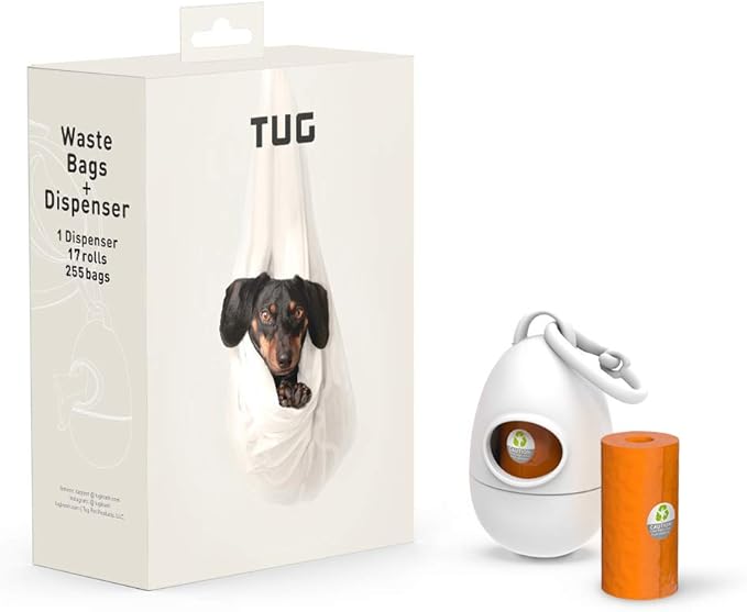 TUG Dog Waste Bag Dispenser with Dog Poop Bags, 17 Rolls (255 Bags), 15 Bags Per Roll, With White Dispenser
