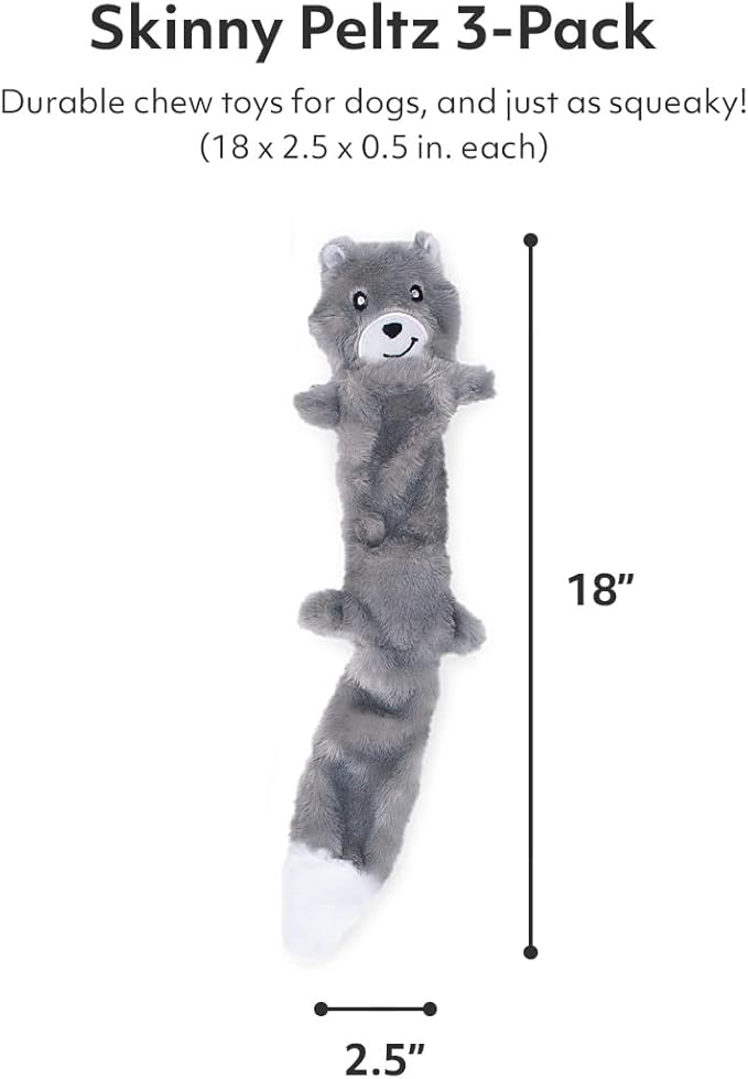 ZippyPaws Skinny Peltz - No Stuffing Dog Toy Pack to Keep Them Busy, for Medium and Large Dogs, Squeaky Pet Toys, Unstuffed Chew Toys, Soft Plush Variety Pack, Weasel, Skunk, and Wolf - 18"