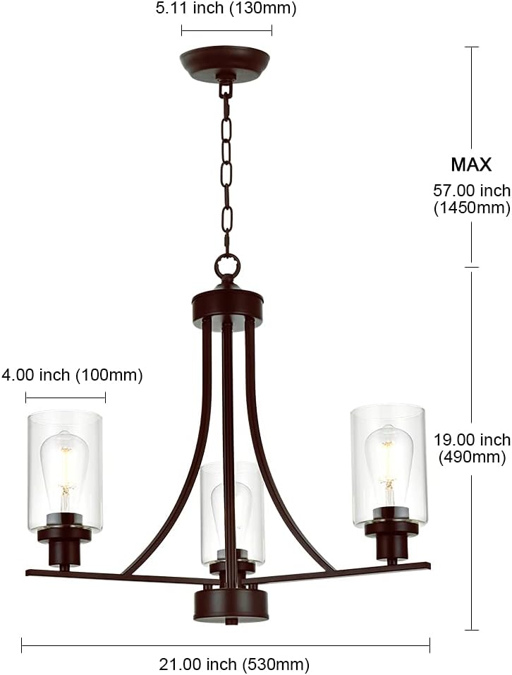 BONLICHT 3 Lights Oil-Rubbed Bronze Traditional Chandelier Rustic Kitchen Island Lighting Fixtures Hanging Clear Glass Cylinder Pendant Lights Classic Ceiling Light for Dining Room Bedroom Foyer