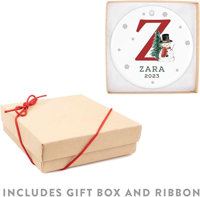 Andaz Press Personalized Christmas Ornaments, Custom Name, Initial Z Monogram Snowman 2.8" Ceramic Porcelain 2025 Christmas Ornament Keepsake for Kids, Boys, Girls, Christmas Initial Ornaments 1-Pack