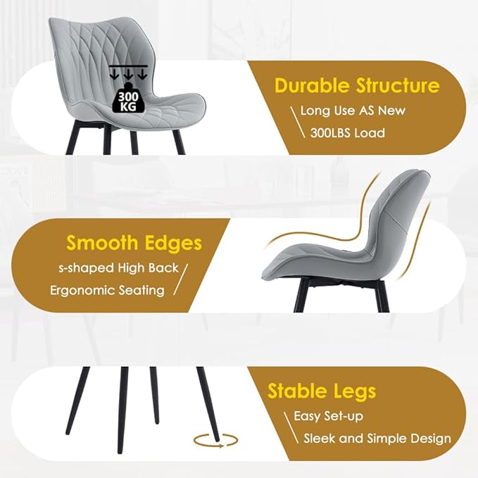 Kidol & Shellder Dining Chairs Set of 2 Modern Kitchen Chairs with Back Armless Accent Chairs for Living Room Upholstered Faux Leather Chair Mid Century Comfy Side Chair with Metal Legs, Grey
