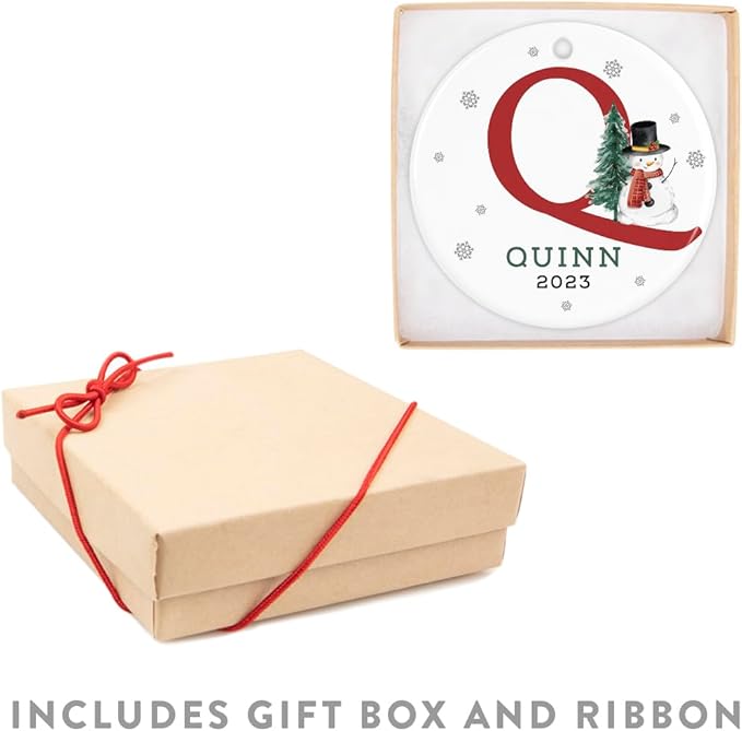 Andaz Press Personalized Ornament, Custom Name, Initial Q Monogram Snowman 2.8" Ceramic Porcelain 2025 Christmas Ornament Keepsake for Kids, Boys, Girls, Includes Gold Ribbon & Gift Box, 1-Pack