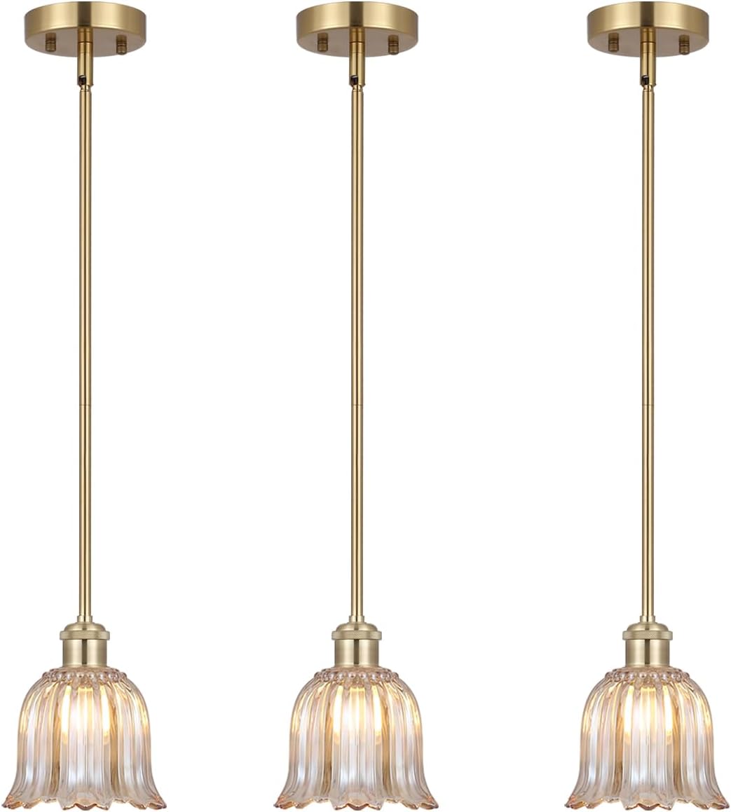 Modern Gold Pendant Light 3 Pack Brushed Brass Mid Century Chandelier Amber Glass Shades Adjustable Rods Farmhouse Ceiling Hanging Lighting Fixture Kitchen Island Dining Room Bedroom