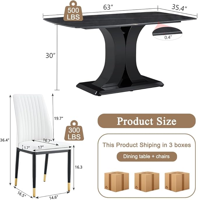Modern Dining Table Set for 6, Marble Kitchen Table Chair Set for 6, Rectangular Kitchen Table with 6 Pu Leather Upholstered Chair for Dining Room