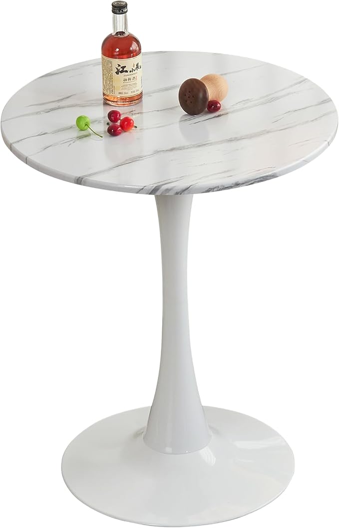 Round Dining Tulip Table for 2, Mid-Century Modern Table with Sturdy Metal Pedestal for Kitchen, Bistro, Cafe, Leisure (Faux Marble White, 24 INCH)