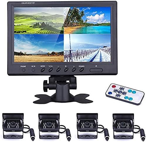 Vehicle Backup Camera Wired Backup Camera 9 Inch 4 Split Monitor with 2 x Front View Cameras 2 x Rear View Cameras with 170° 18 IR Night Vision IP 67,12-35V, Suitable for Trucks,Buses, SUVs,Trailers