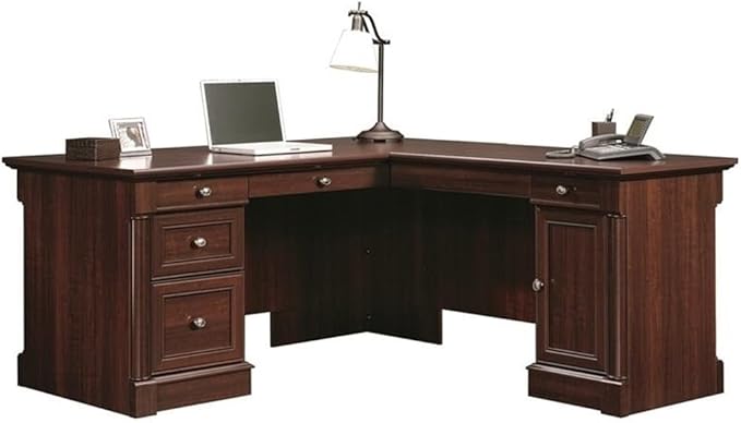 Pemberly Row 65" x 69" Contemporary Engineered Wood L-Shaped Desk with Storage, Drawers, Flip-Down Panel, Grommet Holes, for Home Office/Workspace, in Select Cherry Finish