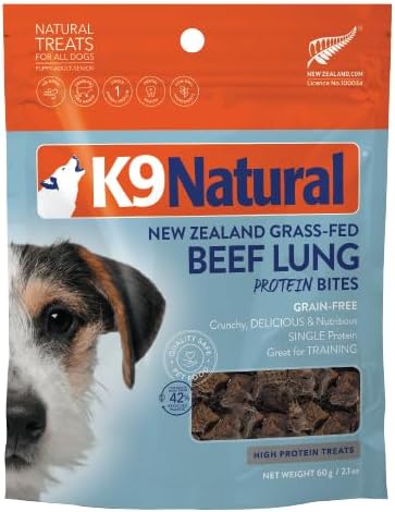 K9 Natural, Freeze-Dried Single Ingredient Dog Treats, High-Value, Low-Calorie Protein Bites for Active Dogs, Healthy Dog Training Treats, Grain-Free Reward, Beef Lung, 2.1oz