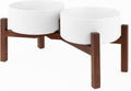 SPUNKYJUNKY Raised Ceramic Dog Bowls Set with Non-Slip Acacia Wood Stand for Medium Sized Dog(42.27 OZ, White)
