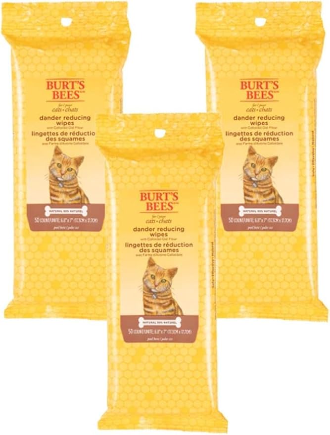 Burt's Bees for Pets Cat Dander Wipes with Colloidal Oat Flour, 98% Natural Origin Formulas, Cats Dandruff Remedy, Feline Cleansing Sheets for Allergy Relief, 3pk, 50ct