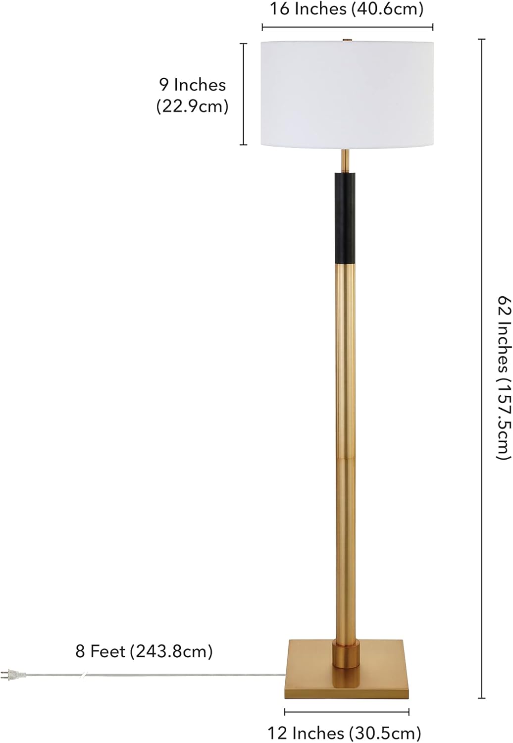 Henn&Hart Two-Tone Floor Lamp with Fabric Shade in Brass/Black/White, for Home, Living Room, Bedroom, Entertainment Room, Office, Kitchen, Dining