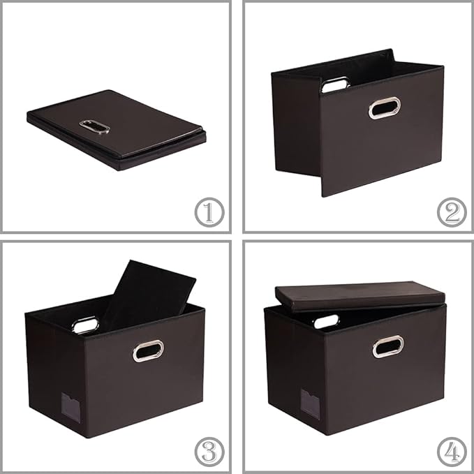 PRANDOM Collapsible Storage Bins with Lids [3-Pack] Leather Fabric Foldable Storage Boxes Organizer Containers Baskets Cube with Cover for Bedroom Closet Office Nursery Brown (14.9x10.8x10)