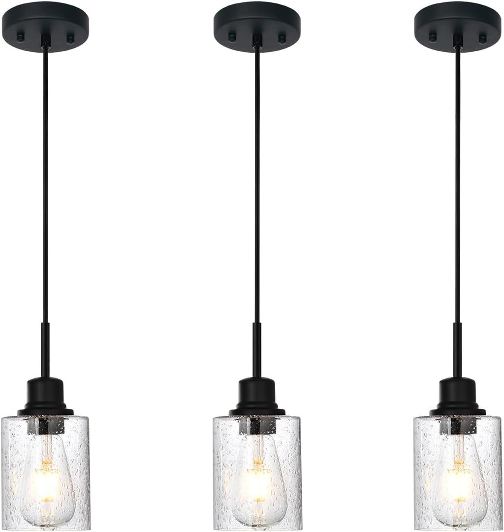 Modern Farmhouse Mini Chandeliers 3 Pack Black Pendant Lights Kitchen Island with Seeded Glass, Dining Room Lighting Fixtures Hanging Ceiling for Sink Bar Hallway Porch Corridor Bedroom