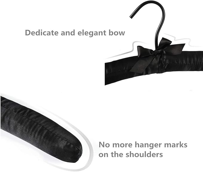Black Satin Padded Sweater Hangers 5 Pack, Blouse Hanger with Thick & Soft Foam for Bridal Wedding Dress Lingerie, Smooth Silk Covered Shirt Hanger Without Shoulder Bump