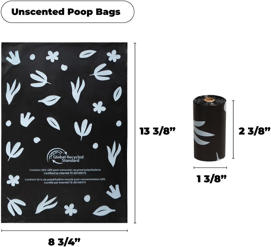 Best Pet Supplies Poop Bags for Dogs, 50% Post-Consumer Recycled Content dog waste bags on rolls, fits all poop bag holders for leashes - Black, 300 Count, Unscented