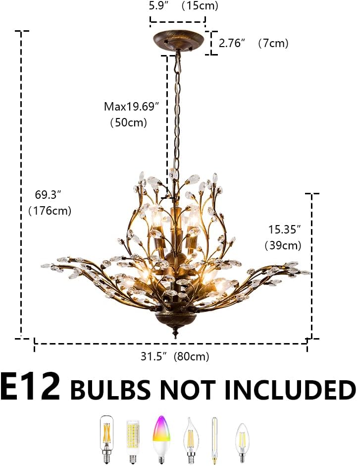 Vintage Farmhouse Chandelier 8-Light Crystal Branch Pendant Lights for Living Room Dining Room Porch Kitchen Island Bedroom Restaurant, Aged Bronze