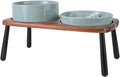 SPUNKYJUNKY Ceramic Elevated Dog Bowls with Slow Feeder Raised Acacia Bamboo Wooden Stand, 8.3'' Dog Food Water Bowls Set Non-Slip for Medium Large Sized Breed Microwave Dishwasher Safe - Light Green