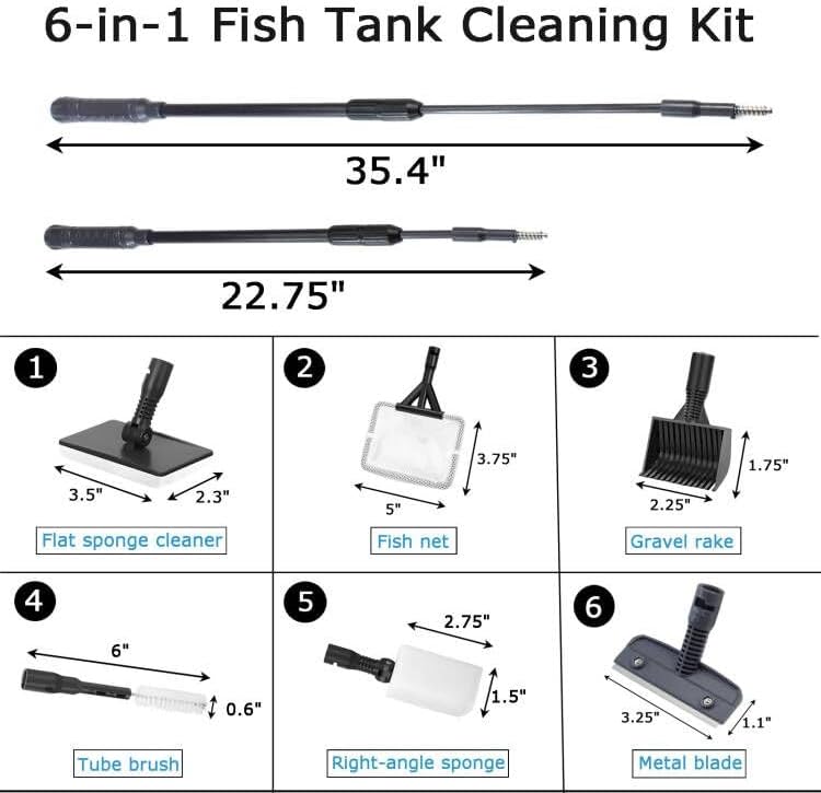 AQUANEAT 6 in 1 Fish Tank Cleaning Tools, Aquarium Cleaner Set with Adjustable Handle, Including Algae Scraper, Sponge Pad, Fish Net, and Brush