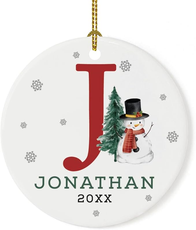 Andaz Press Personalized Ornament, Custom Name, Initial J Monogram Snowman 2.8" Ceramic Porcelain 2025 Christmas Ornament Keepsake for Kids, Boys, Girls, Initial Ornaments Monogram Ornament 1-Pack