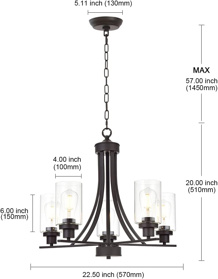 BONLICHT Rustic Kitchen Island 5-Light Oil-Rubbed Bronze Traditional Chandelier Industrial Vintage Pendant Lights Classic Glass Ceiling Lighting UL Listed