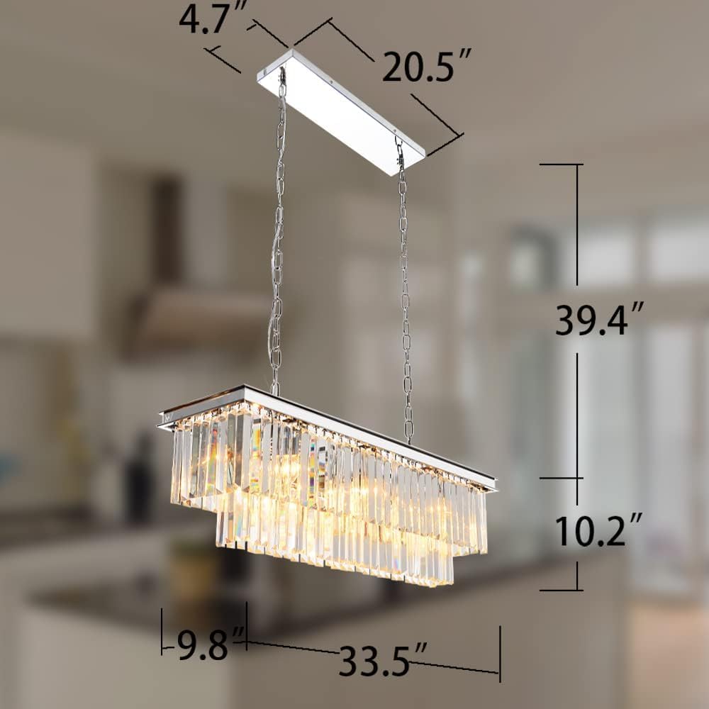 Luxury Chrome Rectangular Crystal Chandeliers Lighting Modern Pendant Ceiling Lights Rectangle Chandelier Lamp Fixture 8-Lights for Dining Room Kitchen Island