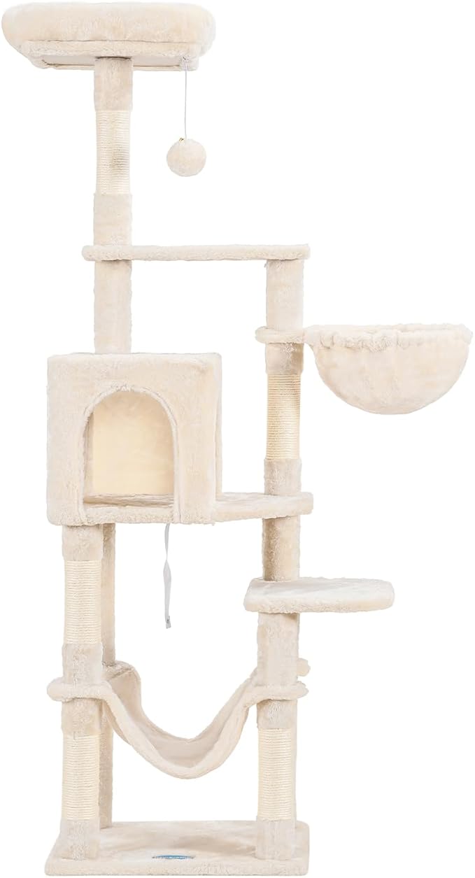 Hey-brother Cat Tree with Large Hammock, Multi-Level Cat Tower for Indoor Cats, Cat Condo with Sisal-Covered Scratching Posts and Top Perch, Beige MPJ050M