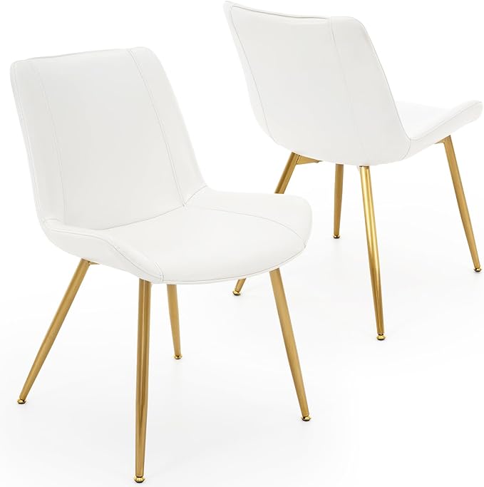 Brage Living Dining Chairs Set of 2, PU Leather Modern Armless Kitchen Dining Room Chairs, Upholstered Accent Side Chairs with Metal Legs (Pearl White, Gold Legs)