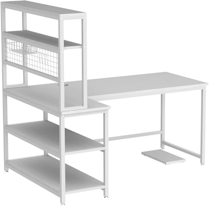 Tribesigns 55" Large Computer Desk with Wireless Charging 5 Storage Shelves, Office Desk Study Table Writing Desk Workstation with Hutch Bookshelf for Home Office (All White)