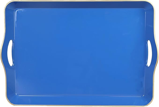 Spsyrine Large Blue Serving Tray with Handles, Plastic Decorative Tray for Coffee Table, Ottoman, Bathroom, Home Decor 17.3"*11.8"*2"