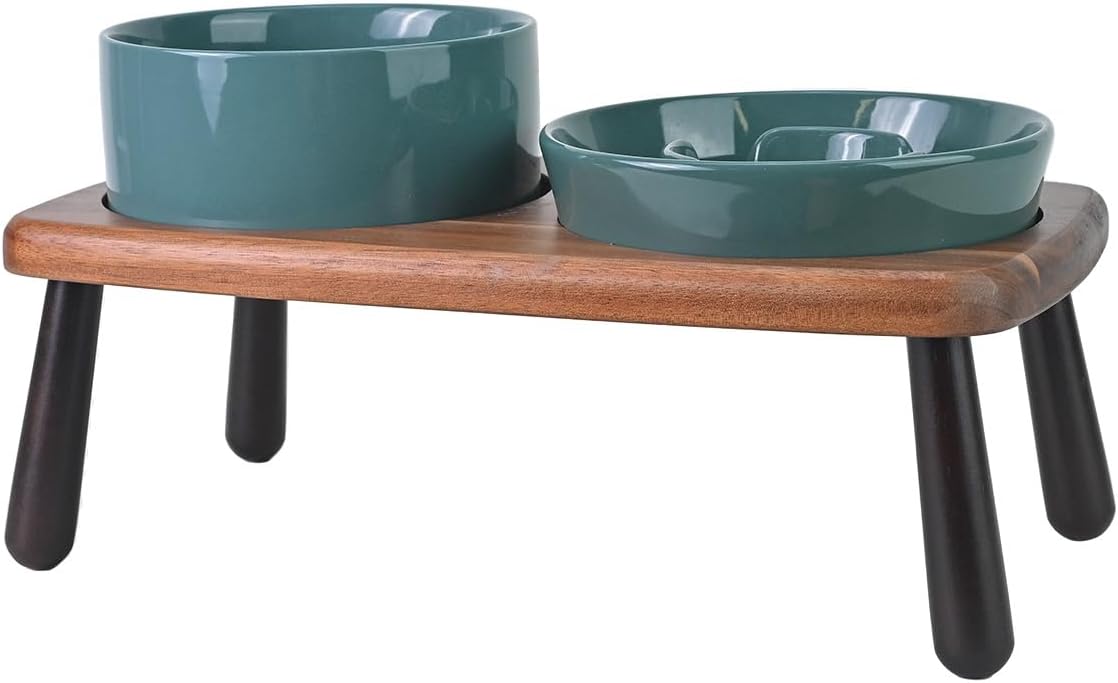 SPUNKYJUNKY Ceramic Elevated Dog Bowls with Slow Feeder Raised with Acacia Bamboo Wooden Stand, 6.1'' Dog and Cat Food Water Bowls Set Non-Slip for Small Medium Sized Breed - Dark Green