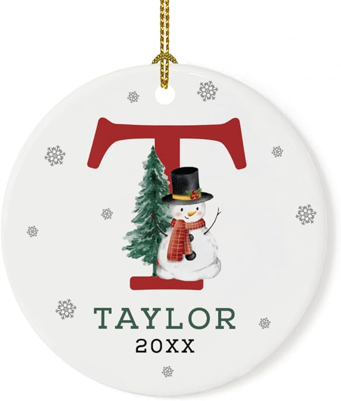 Andaz Press Personalized Christmas Ornament, Custom Name, Initial T Monogram Snowman 2.8" Ceramic Porcelain 2025 Christmas Ornament Keepsake for Kids, Boys, Girls Initial Ornament 1-Pack