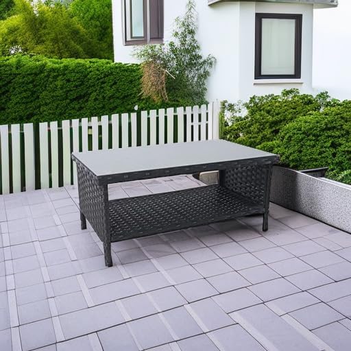 Outdoor Wicker Coffee Table Patio Furniture Garden Rattan 2-Layer Glass Table with Storage and Furniture Cover, Black