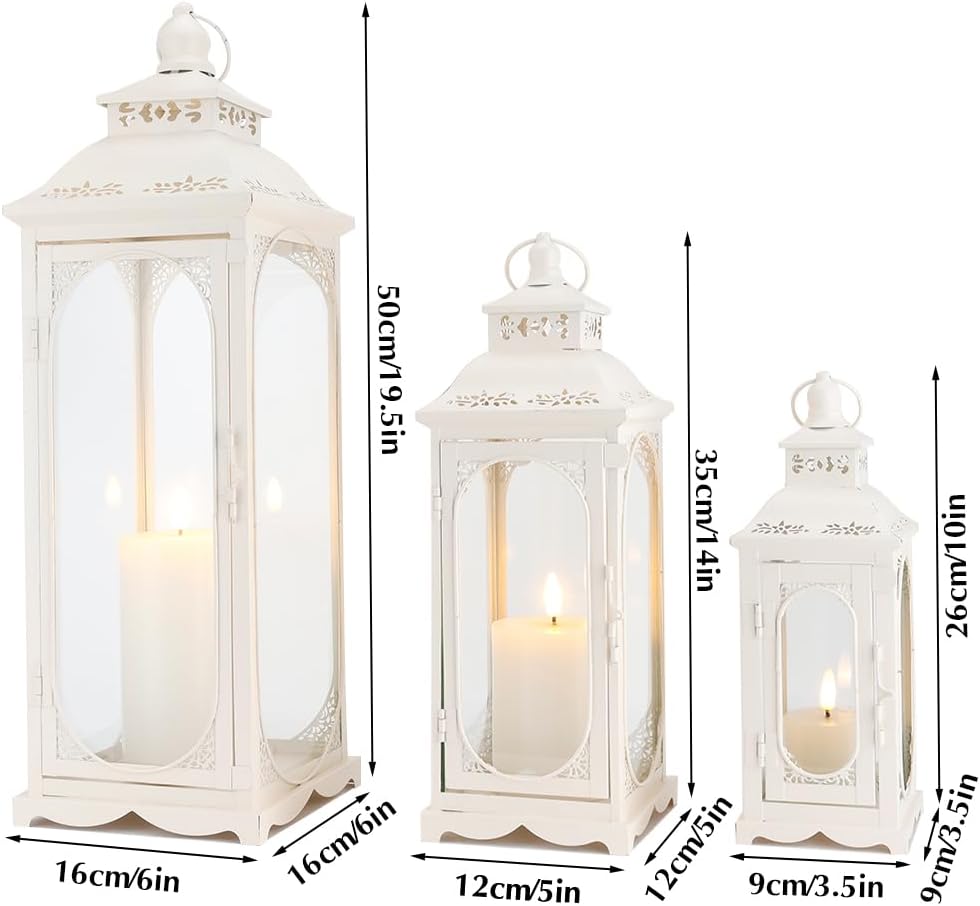 TRIROCKS Set of 3 Vintage Candle Lanterns 10/14/19.5'' High Decorative Outdoor Lantern Metal Candle Holder with Tempered Glass for Home Living Room Garden Yard Parties Events Indoors Outdoors (White)