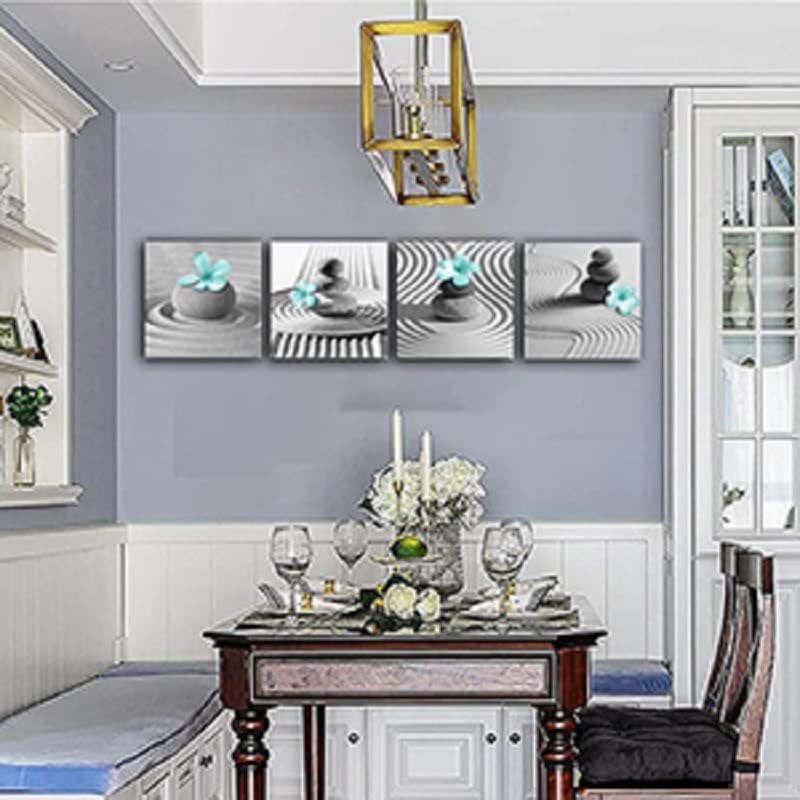 Yxbhhym Gray Wall Art Zen Wall Art Teal Floral Paintings Black and White Decor Zen Stone Sand Pebble Canvas Flower Artwork for Wall Home Decoration Bathroom Wall Decor 12''x12''x4pcs