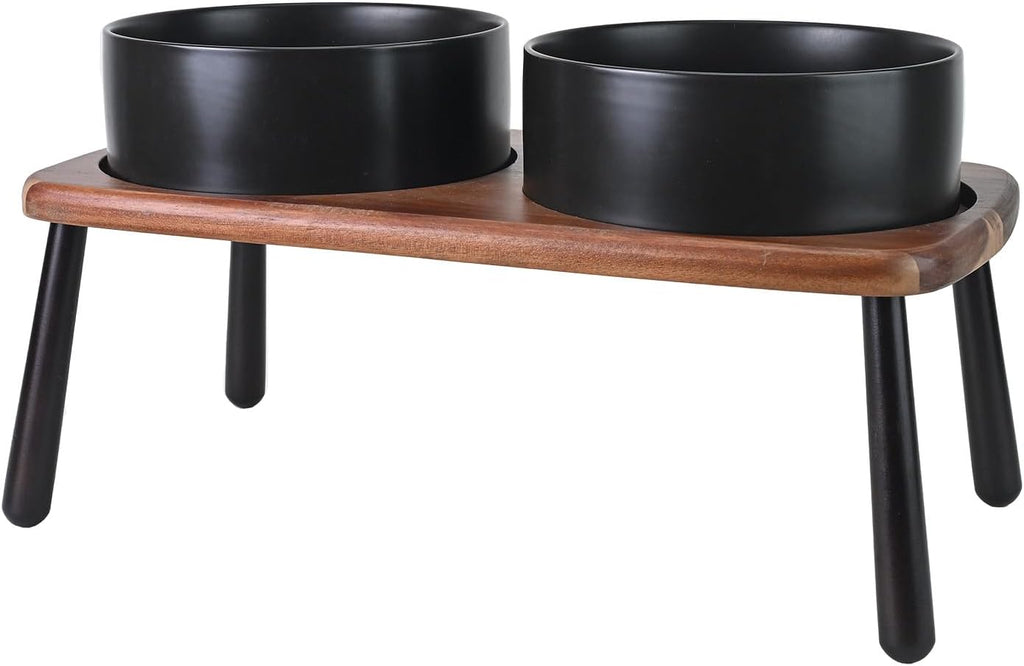 SPUNKYJUNKY Ceramic Elevated Dog Bowls Raised with Acacia Bamboo Wooden Stand, 8.3'' Dog Food Water Bowls Set Non-Slip for Medium Large Sized Breed Microwave Dishwasher Safe - 60 OZ,Black