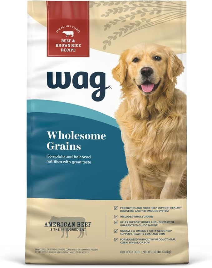 Amazon Brand - Wag Adult Premium Nutrition Dry Dog Food, Supports Stomach and Skin Health, Beef and Brown Rice, 30 lb Bag