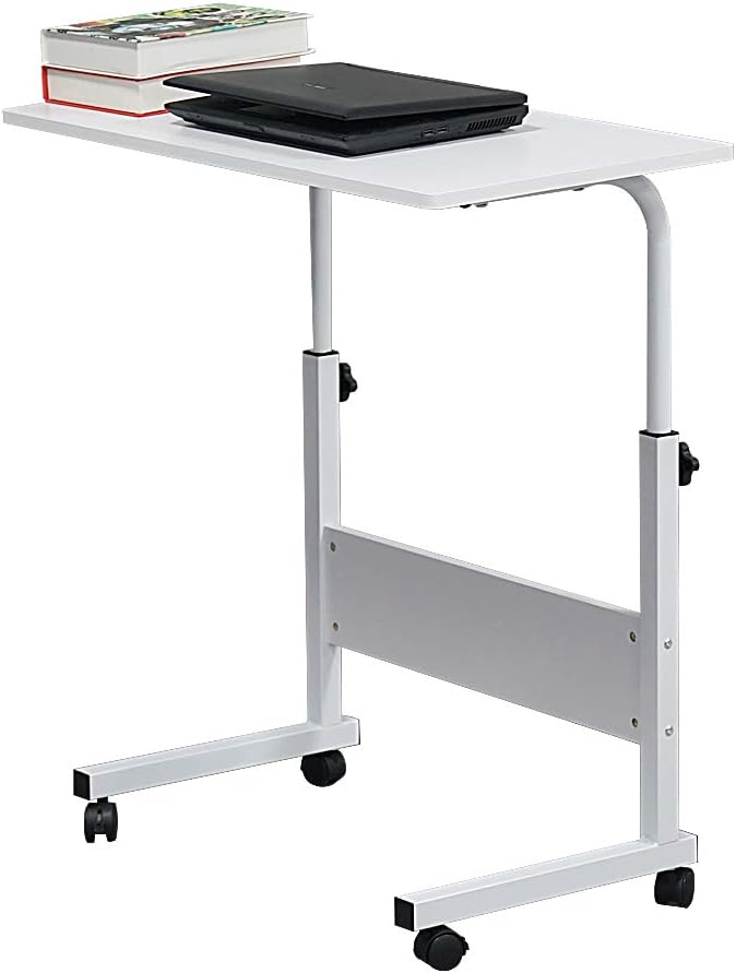 Goujxcy Sofa Side Table C Shaped End Table with Wheels, Rolling Bedside Laptop Table Snack Table TV Tray, Height Adjustable, Wooden Top & Metal Frame