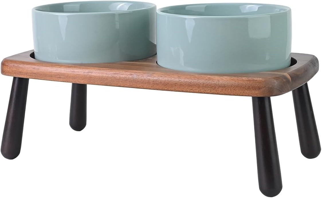 SPUNKYJUNKY Ceramic Elevated Dog Bowls Raised with Acacia Bamboo Wooden Stand, 6.1'' Dog Cat Food Water Bowls Set Non-Slip for Small Medium Sized Breed Microwave Dishwasher Safe - 28.7 OZ,Light Green
