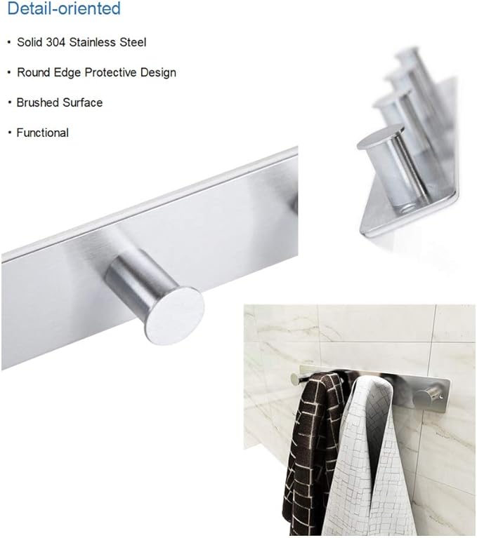 Small Coat Rack Hooks for Wall, Screw in and Adhesive Hooks, Stainless Steel, Door Hooks with 4 Heavy Duty Hooks for Coat Hat Towel Key (4 Hooks, Silver)